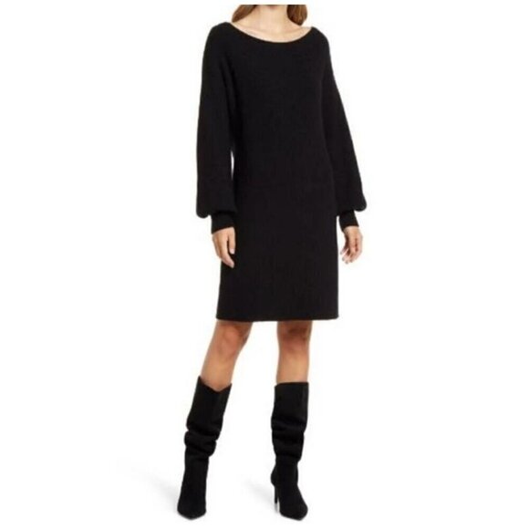 NWT Halogen Black Boatneck Puff Sleeve Sweater Dress - Size: Small - Picture 1 of 7